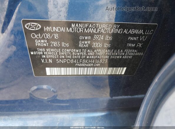 5NPD84LF8KH416823 2019 HYUNDAI ELANTRA Blue Շարժիչի բաժամունքի տեսք