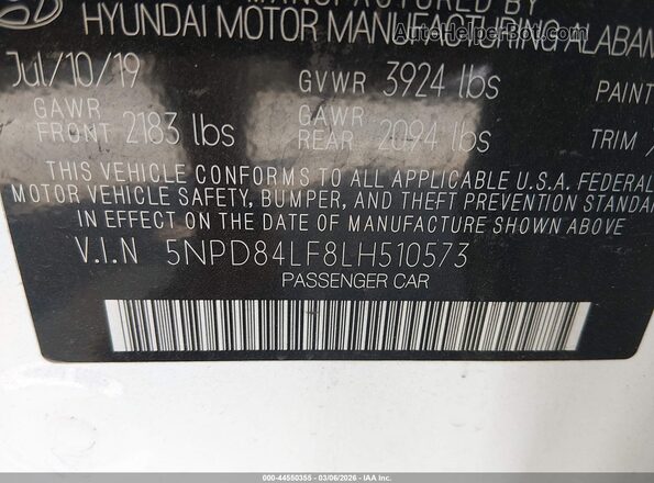 5NPD84LF8LH510573 2020 HYUNDAI ELANTRA White Widok komory silnika