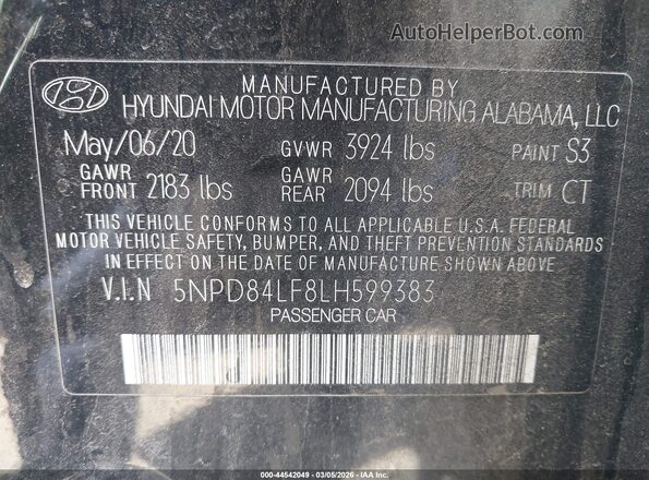 5NPD84LF8LH599383 2020 HYUNDAI ELANTRA Black Vista del compartimento del motor
