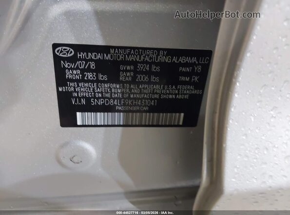 5NPD84LF9KH431041 2019 HYUNDAI ELANTRA Gray ძრავის განყოფილების ხედი