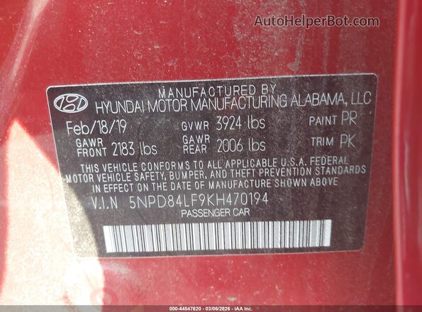 5NPD84LF9KH470194 2019 HYUNDAI ELANTRA Red Widok komory silnika