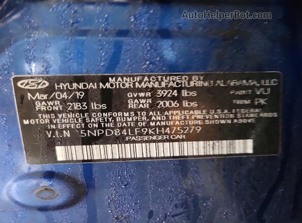 5NPD84LF9KH475279 2019 HYUNDAI ELANTRA Blue Vista del compartimento del motor