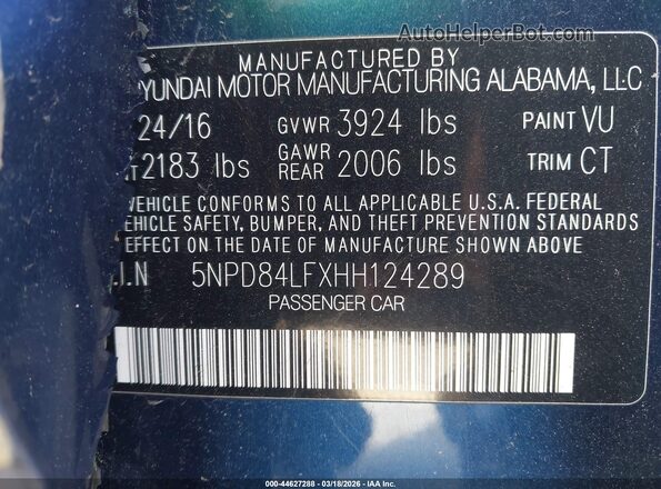 5NPD84LFXHH124289 2017 HYUNDAI ELANTRA Blue Вид підкапотного простору