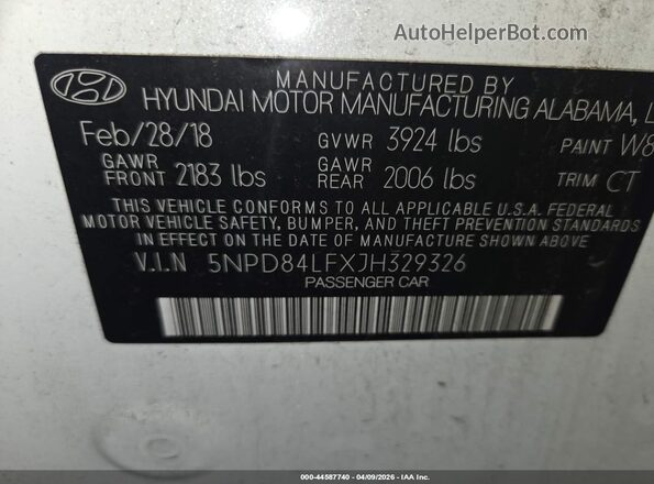 5NPD84LFXJH329326 2018 HYUNDAI ELANTRA Белый Вид подкапотного пространства