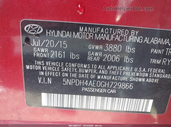 5NPDH4AE0GH729866 2016 HYUNDAI ELANTRA Красный Вид подкапотного пространства