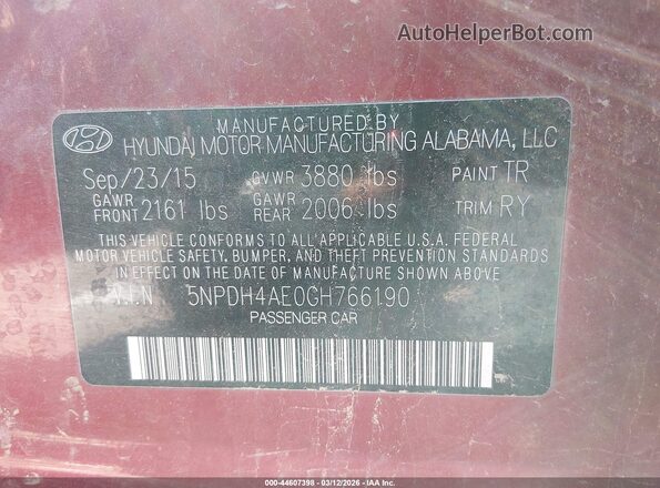 5NPDH4AE0GH766190 2016 HYUNDAI ELANTRA Красный Вид подкапотного пространства