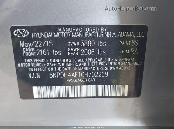 5NPDH4AE1GH702269 2016 HYUNDAI ELANTRA Серебряный Вид подкапотного пространства