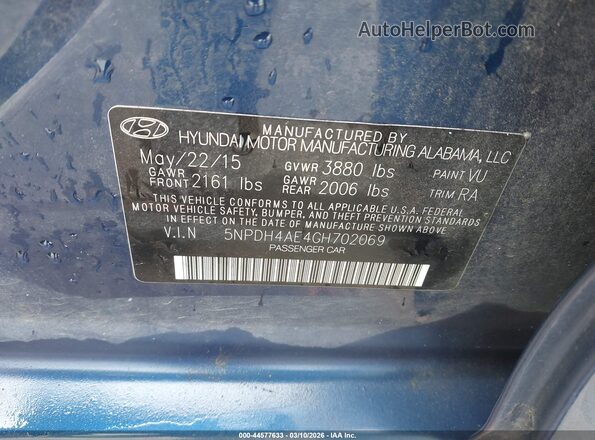 5NPDH4AE4GH702069 2016 HYUNDAI ELANTRA Синий Вид подкапотного пространства