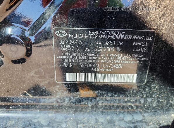 5NPDH4AE4GH724881 2016 HYUNDAI ELANTRA Черный Вид наклейки с VIN-кодом