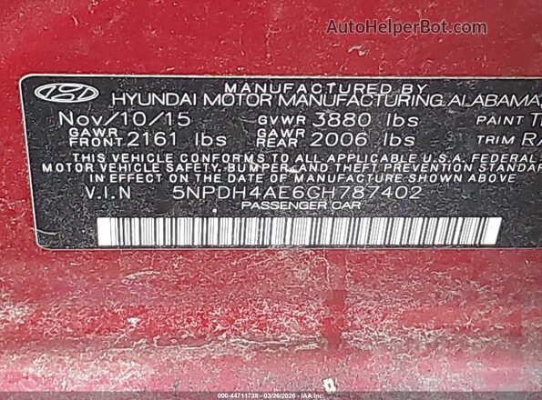 5NPDH4AE6GH787402 2016 HYUNDAI ELANTRA Красный Вид подкапотного пространства