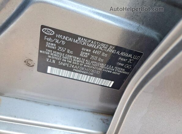5NPE24AF0KH778010 2019 HYUNDAI SONATA Gray Շարժիչի բաժամունքի տեսք