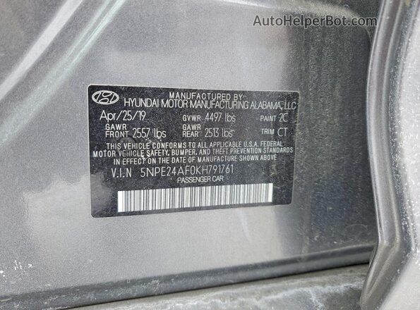 5NPE24AF0KH791761 2019 HYUNDAI SONATA Серый Вид подкапотного пространства