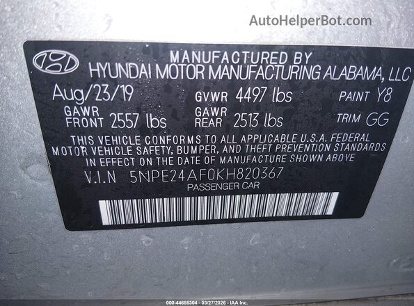 5NPE24AF0KH820367 2019 HYUNDAI SONATA Серебряный Вид подкапотного пространства