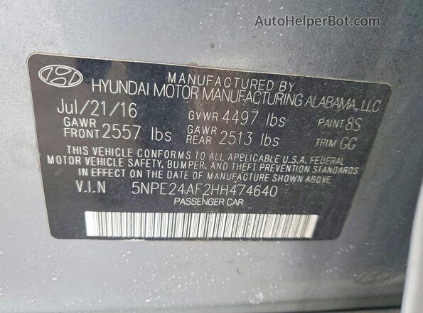 5NPE24AF2HH474640 2017 HYUNDAI SONATA Серебряный Вид подкапотного пространства