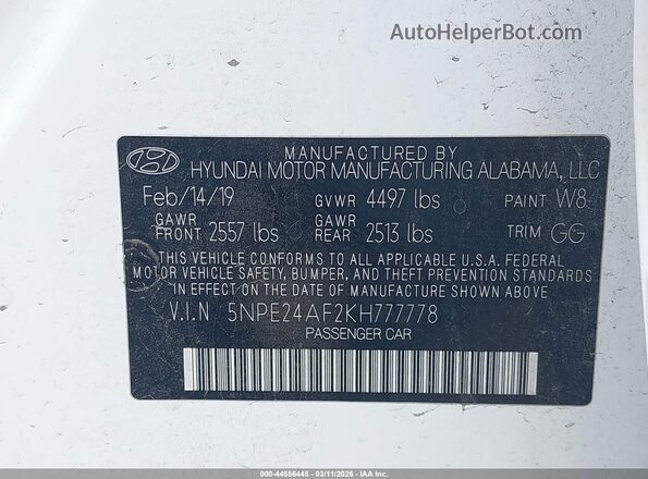 5NPE24AF2KH777778 2019 HYUNDAI SONATA White Вид підкапотного простору