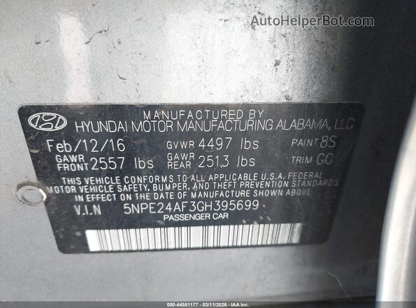 5NPE24AF3GH395699 2016 HYUNDAI SONATA Silver Widok komory silnika