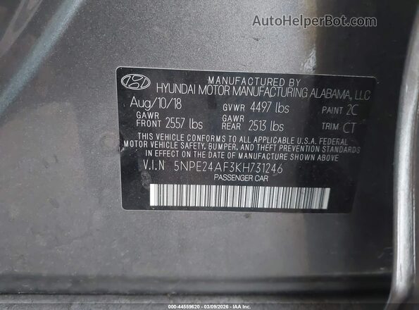 5NPE24AF3KH731246 2019 HYUNDAI SONATA Gray Widok komory silnika