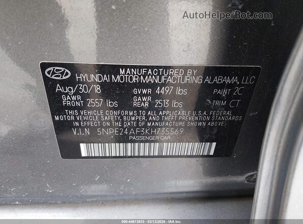5NPE24AF3KH735569 2019 HYUNDAI SONATA Gray Vista del compartimento del motor