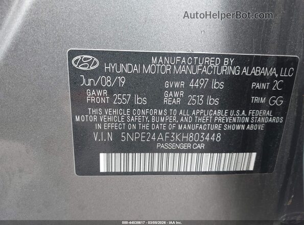 5NPE24AF3KH803448 2019 HYUNDAI SONATA Серый Вид подкапотного пространства