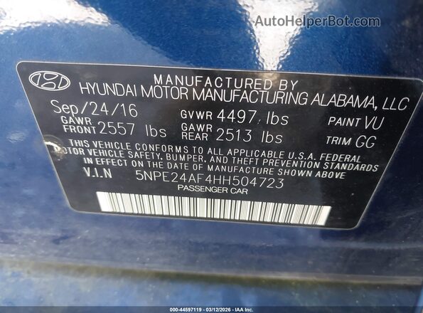 5NPE24AF4HH504723 2017 HYUNDAI SONATA Синий Вид подкапотного пространства