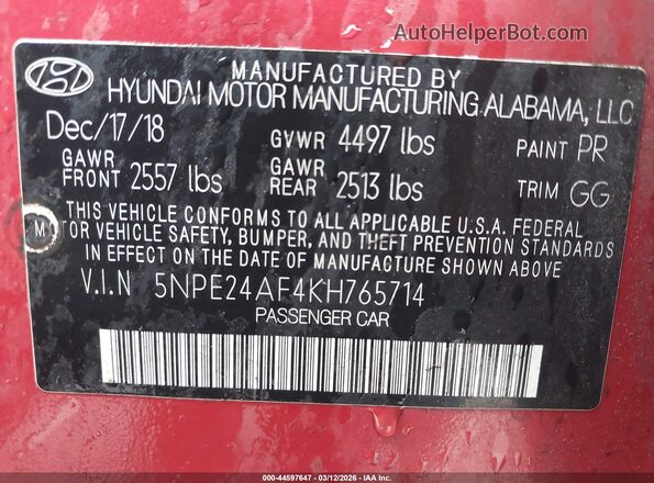 5NPE24AF4KH765714 2019 HYUNDAI SONATA Red Вид підкапотного простору