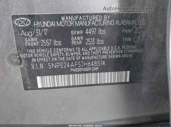5NPE24AF5JH648514 2018 HYUNDAI SONATA Gray Widok komory silnika