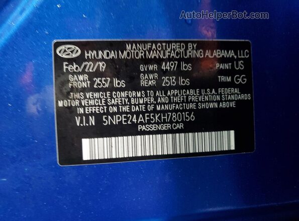 5NPE24AF5KH780156 2019 HYUNDAI SONATA Синий Вид подкапотного пространства