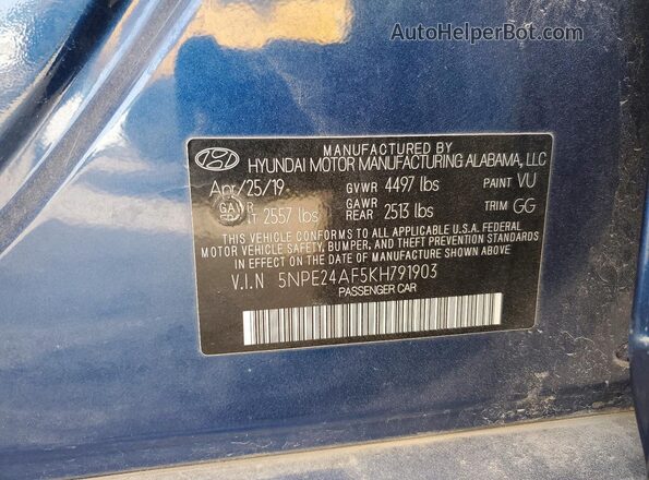 5NPE24AF5KH791903 2019 HYUNDAI SONATA Синий Вид наклейки с VIN-кодом