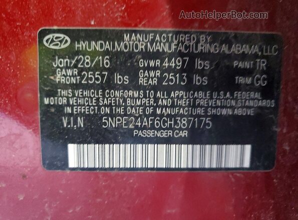 5NPE24AF6GH387175 2016 HYUNDAI SONATA Бордовый Вид подкапотного пространства