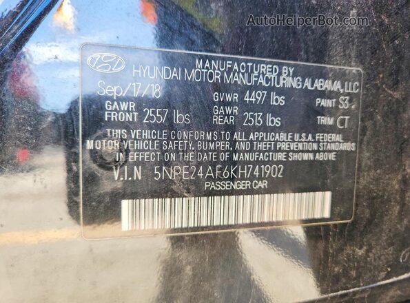 5NPE24AF6KH741902 2019 HYUNDAI SONATA Black VIN կոդի պիտակի տեսք