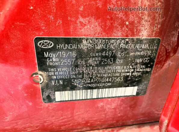 5NPE24AF7HH447563 2017 HYUNDAI SONATA Красный Вид подкапотного пространства