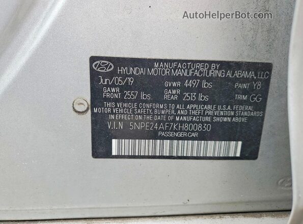 5NPE24AF7KH800830 2019 HYUNDAI SONATA Silver Widok komory silnika