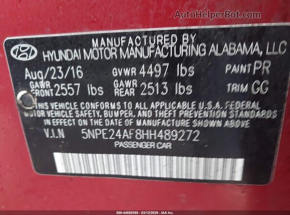 5NPE24AF8HH489272 2017 HYUNDAI SONATA Красный Вид подкапотного пространства