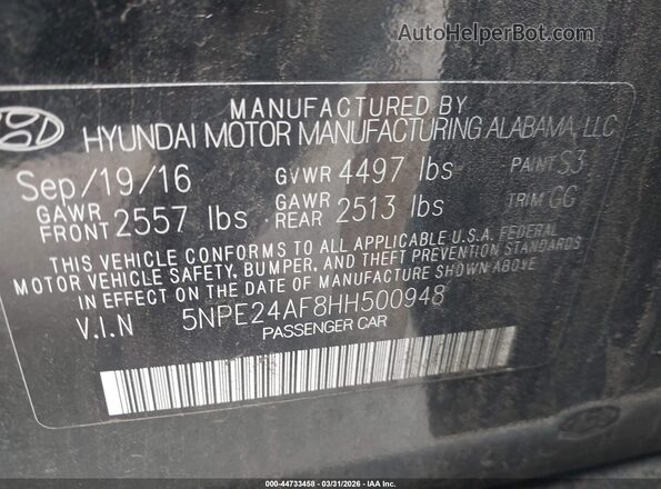 5NPE24AF8HH500948 2017 HYUNDAI SONATA Black Widok komory silnika