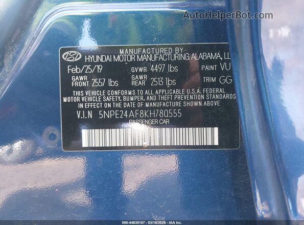 5NPE24AF8KH780555 2019 HYUNDAI SONATA Синий Вид подкапотного пространства