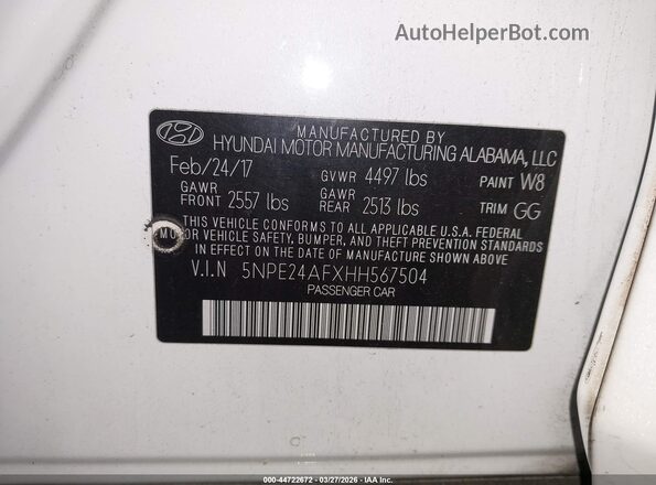 5NPE24AFXHH567504 2017 HYUNDAI SONATA White Engine compartment view