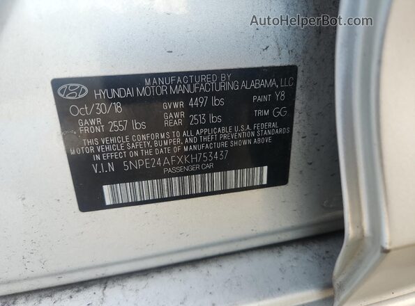5NPE24AFXKH753437 2019 HYUNDAI SONATA Silver Widok komory silnika