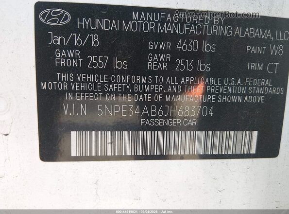5NPE34AB6JH683704 2018 HYUNDAI SONATA Белый Вид подкапотного пространства