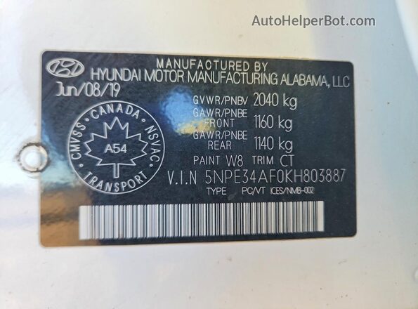 5NPE34AF0KH803887 2019 HYUNDAI SONATA White Widok komory silnika