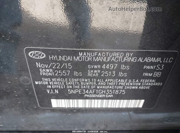 5NPE34AF1GH351875 2016 HYUNDAI SONATA Черный Вид подкапотного пространства