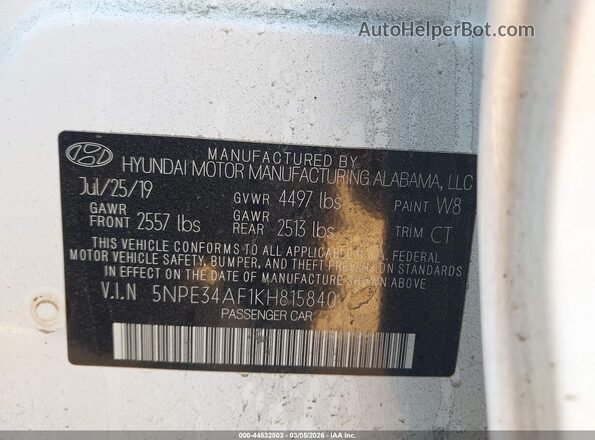 5NPE34AF1KH815840 2019 HYUNDAI SONATA White Widok komory silnika
