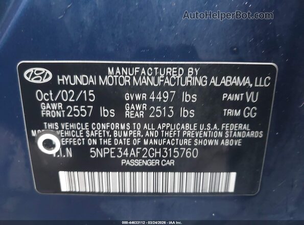 5NPE34AF2GH315760 2016 HYUNDAI SONATA Синий Вид подкапотного пространства