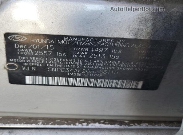 5NPE34AF2GH356115 2016 HYUNDAI SONATA Silver Вид підкапотного простору