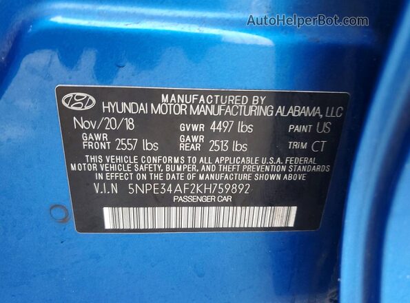 5NPE34AF2KH759892 2019 HYUNDAI SONATA Blue Շարժիչի բաժամունքի տեսք