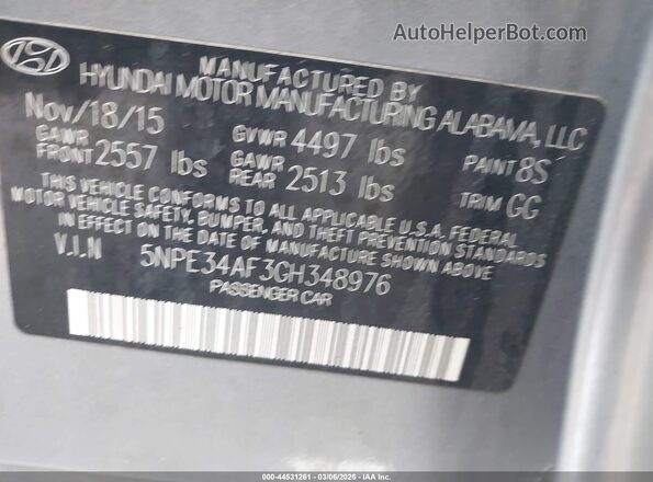 5NPE34AF3GH348976 2016 HYUNDAI SONATA Gray Вид підкапотного простору