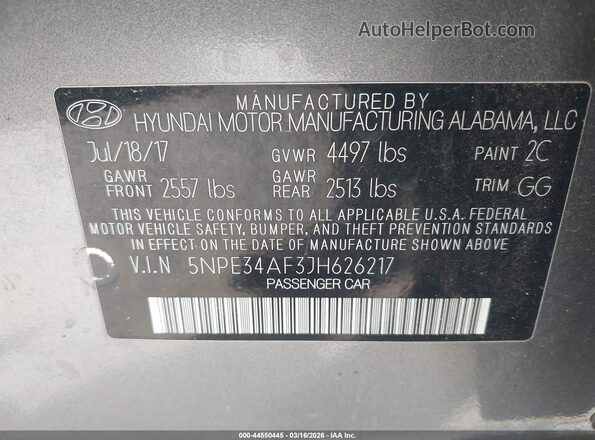 5NPE34AF3JH626217 2018 HYUNDAI SONATA Серый Вид подкапотного пространства