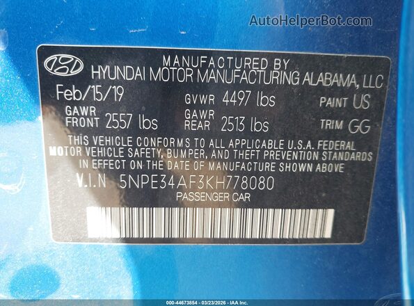5NPE34AF3KH778080 2019 HYUNDAI SONATA Синий Вид подкапотного пространства