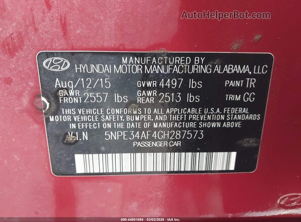 5NPE34AF4GH287573 2016 HYUNDAI SONATA Красный Вид подкапотного пространства