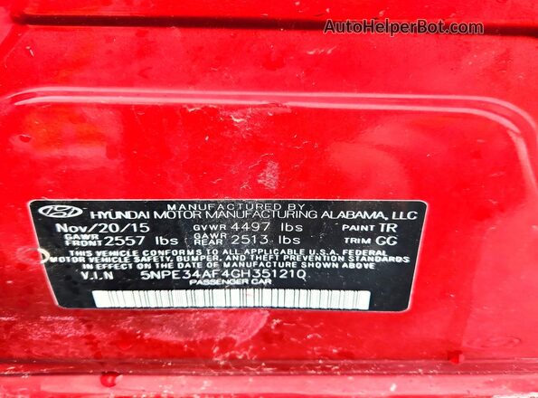 5NPE34AF4GH351210 2016 HYUNDAI SONATA Red Vista del compartimento del motor