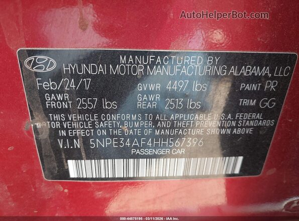 5NPE34AF4HH567396 2017 HYUNDAI SONATA Red Vista del compartimento del motor
